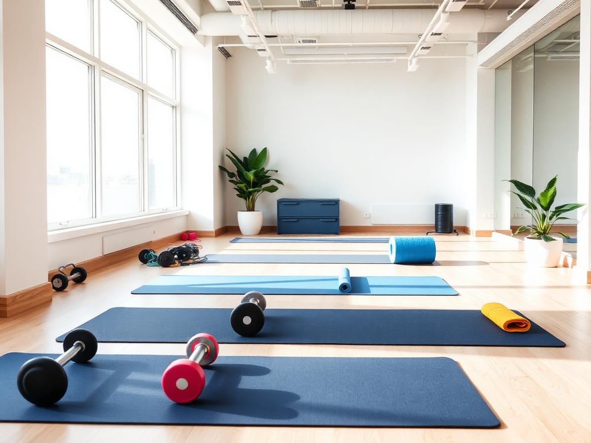 Světlá firemní fitness zóna s podložkami a činkami připravená na lekci